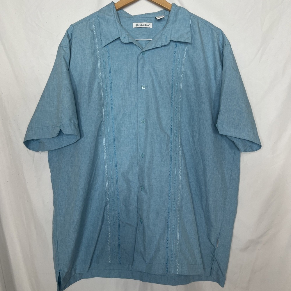 Cubavera Men's Geo Embroidered Panel Chambray shirt blue size XXL